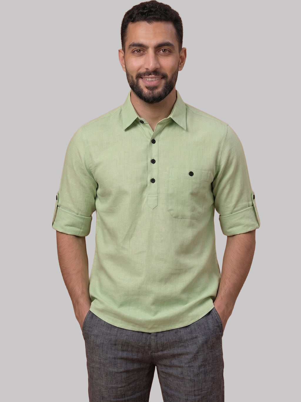 RAY LIGHT Men's Essential Solid Cotton Short Kurta – Black with Roll-Up Sleeves