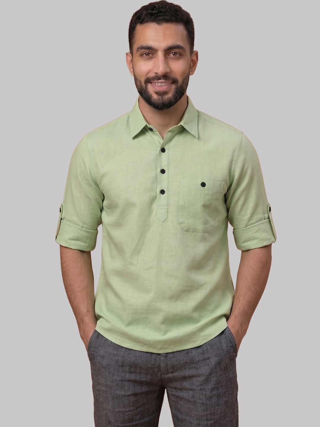 RAY LIGHT Men's Essential Solid Cotton Short Kurta – Black with Roll-Up Sleeves