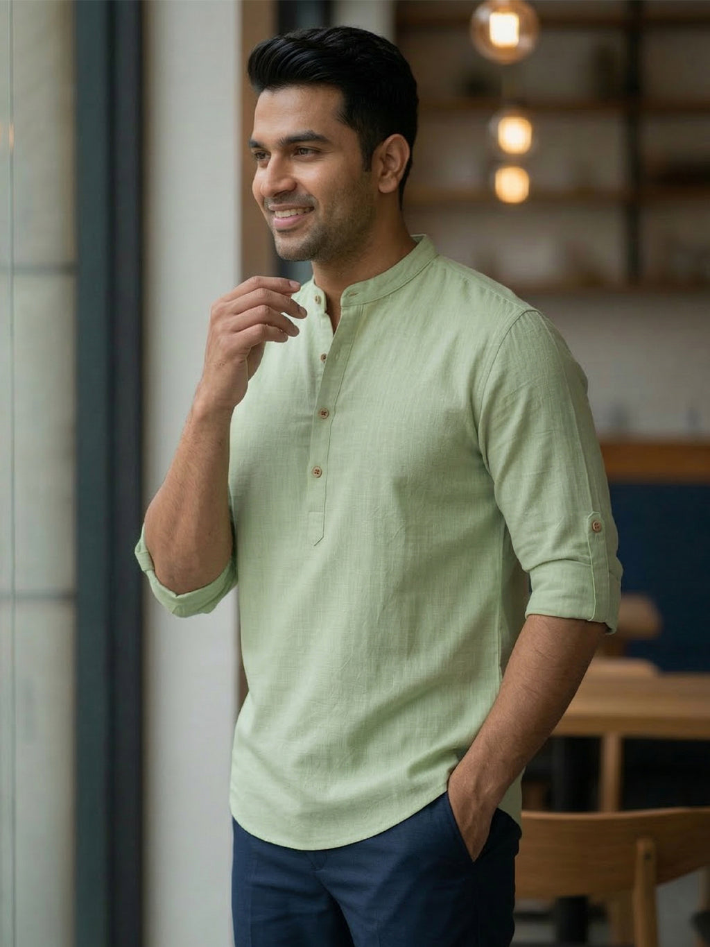 RAY LIGHT Men's 100% Cotton Solid Short Kurta – Mandarin Collar with Roll-Up Sleeves