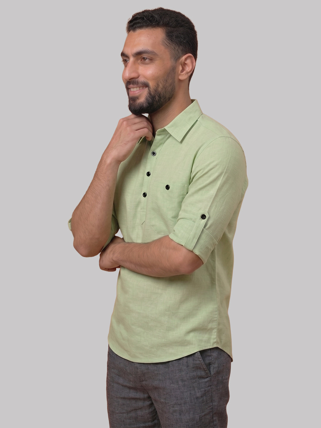 RAY LIGHT Men's Essential Solid Cotton Short Kurta – Black with Roll-Up Sleeves