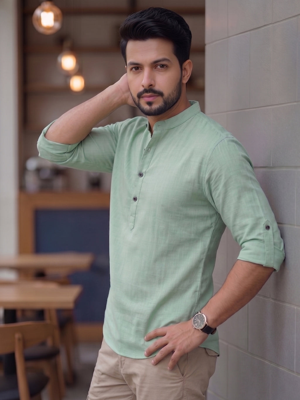 Men's Signature 100% Cotton Short Kurta | Mandarin Collar | RAY LIGHT