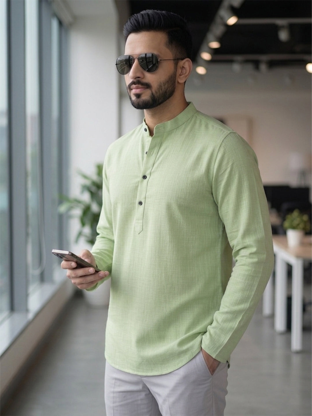 RAY LIGHT Men's Essential Solid Cotton Short Kurta – Sand Beige with Cuffless Sleeves