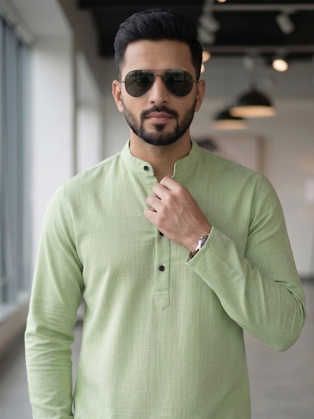 RAY LIGHT Men's Essential Solid Cotton Short Kurta – Sand Beige with Cuffless Sleeves