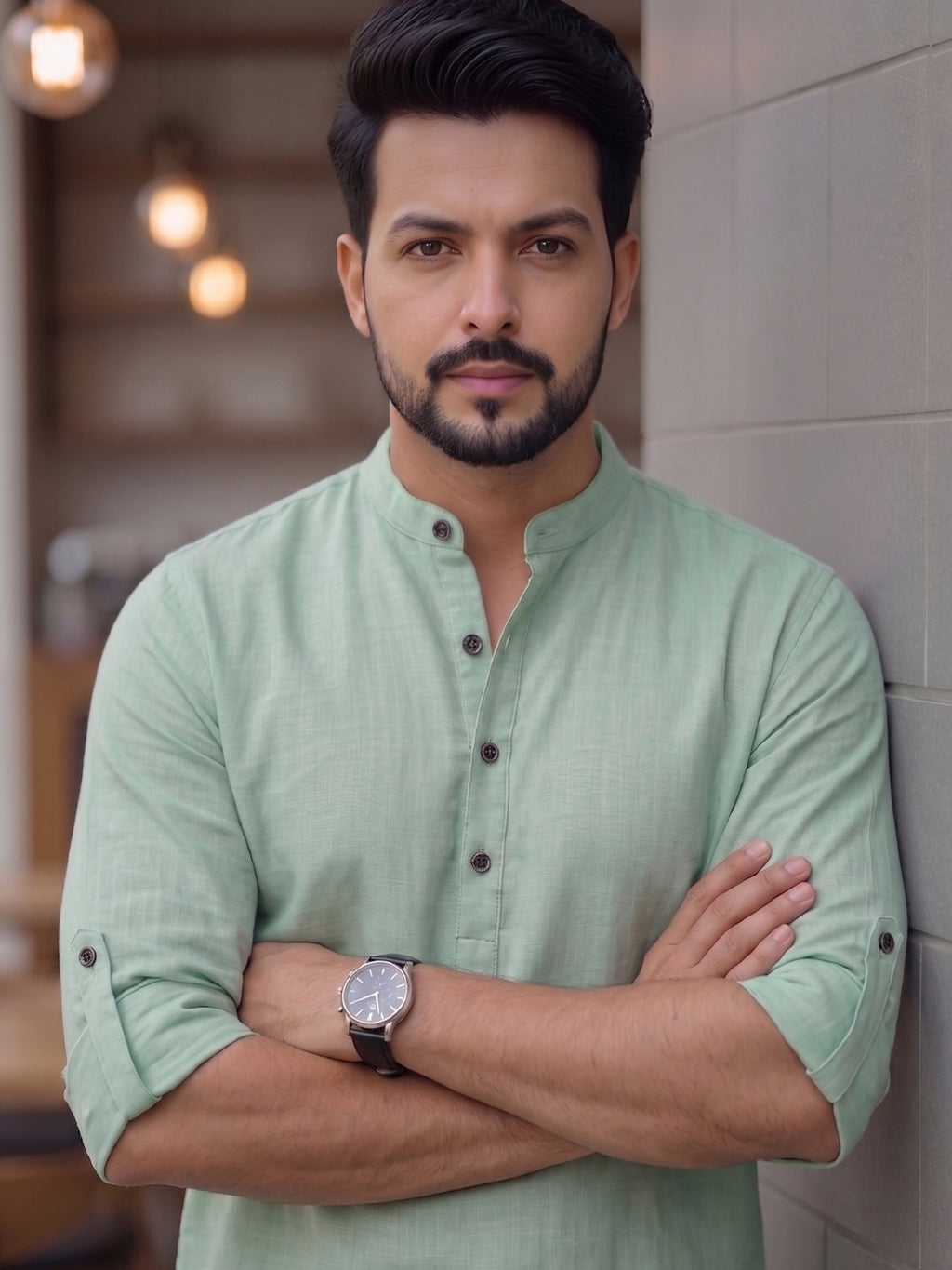 Men's Signature 100% Cotton Short Kurta | Mandarin Collar | RAY LIGHT