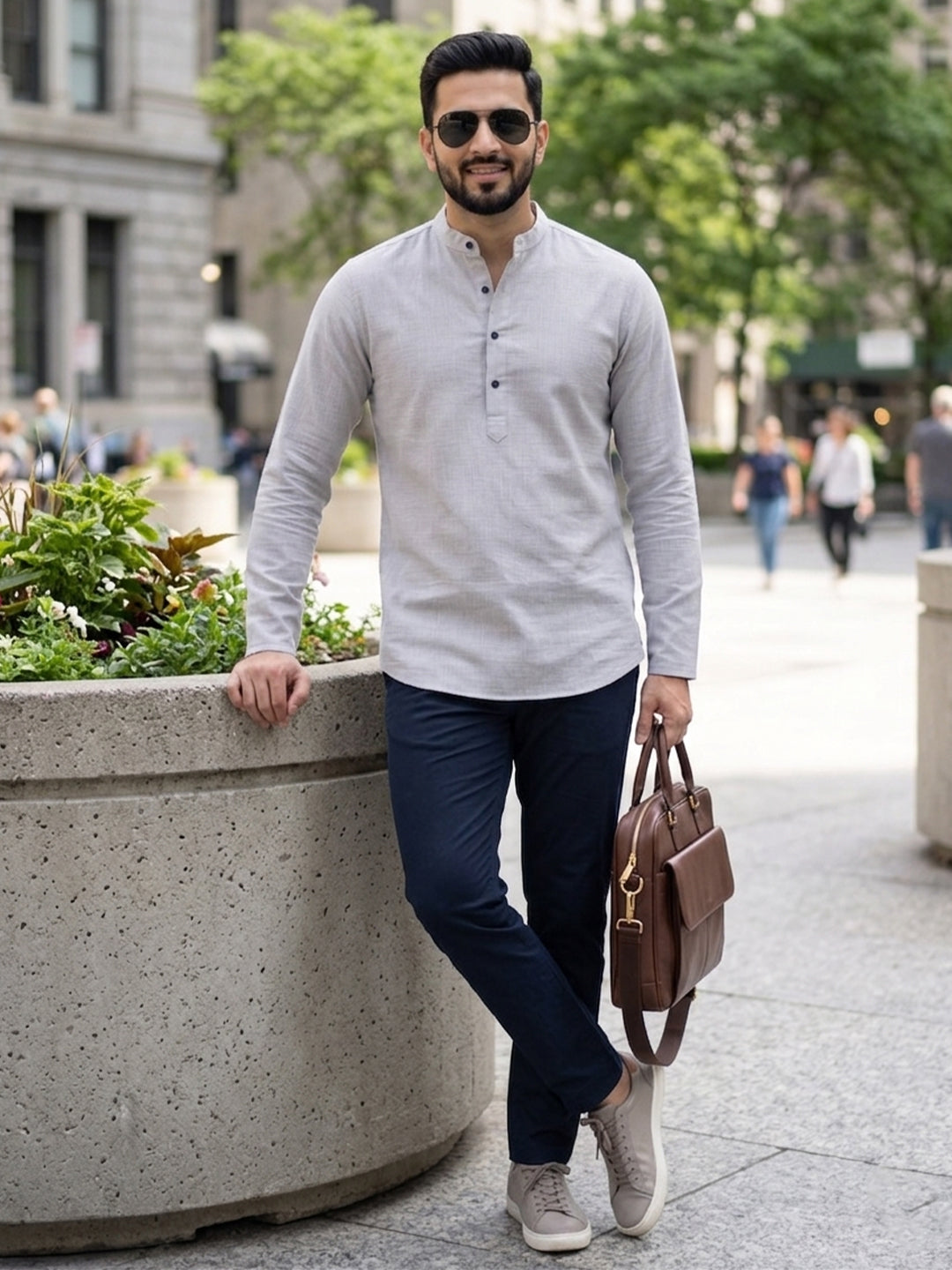 RAY LIGHT Men's Essential Solid Cotton Short Kurta – Light Grey with Cuffless Sleeves