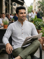 RAY LIGHT Men's Grey 100% Cotton Solid Short Kurta – Mandarin Collar with Versatile Roll-Up Sleeves