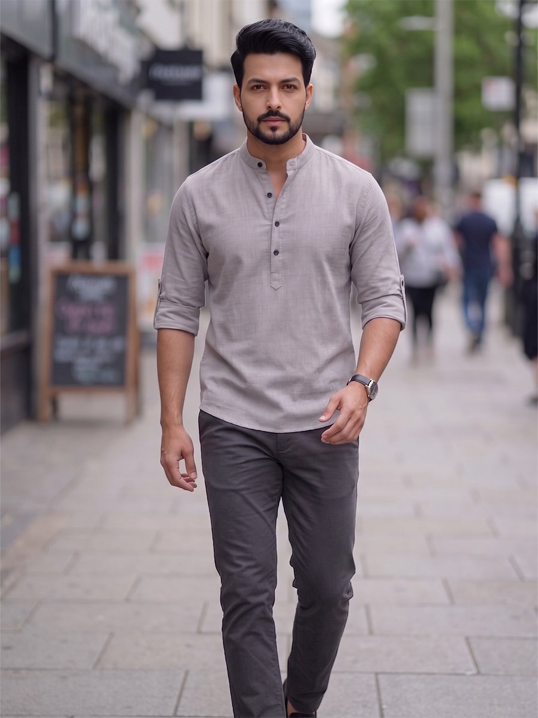 RAY LIGHT Men's Core Essential 100% Cotton Solid Short Kurta – Mandarin Collar with Roll-Up Sleeves Main image