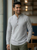 RAY LIGHT Men's Grey 100% Cotton Solid Short Kurta – Mandarin Collar with Versatile Roll-Up Sleeves