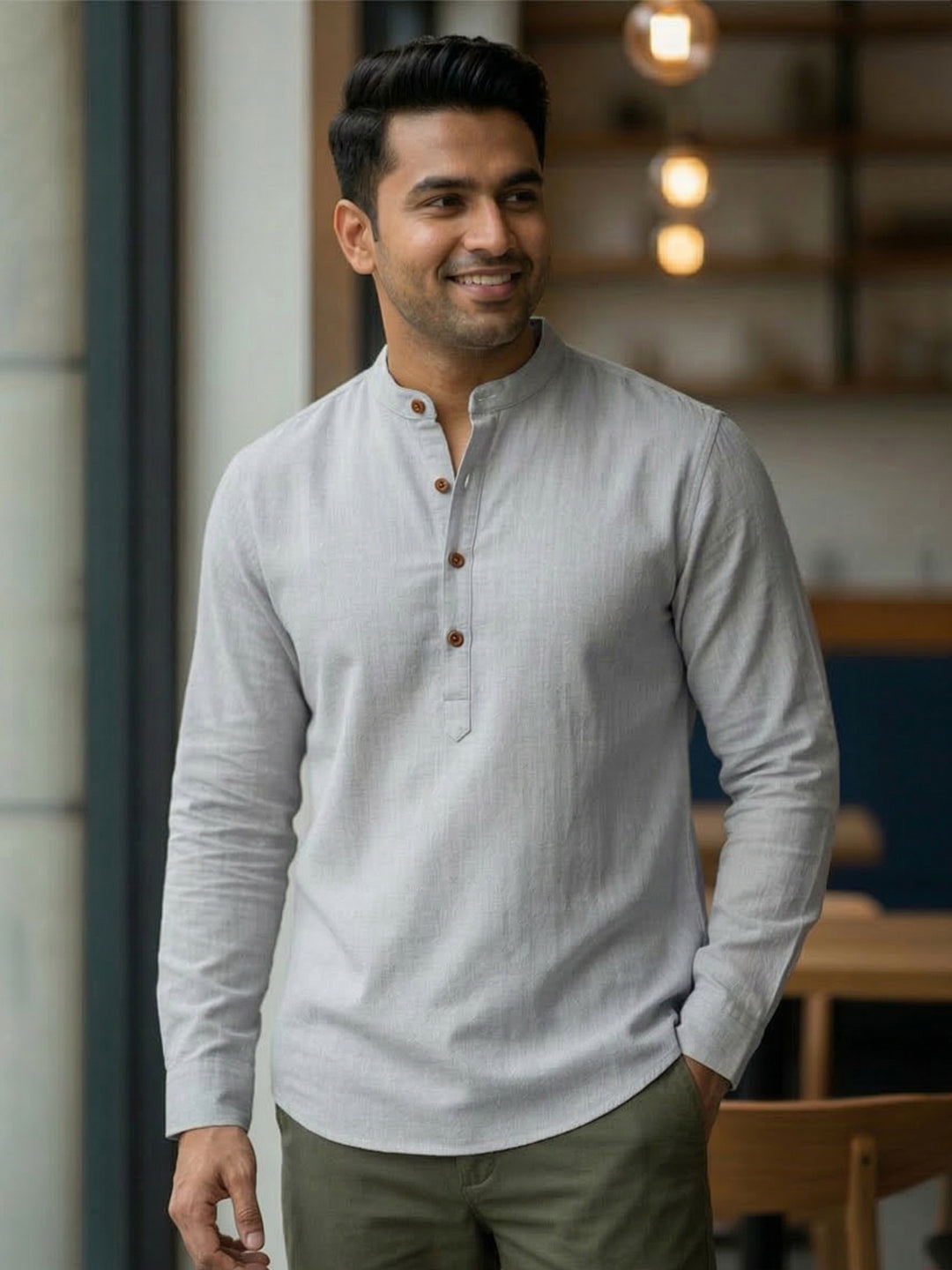 RAY LIGHT Men's Grey 100% Cotton Solid Short Kurta – Mandarin Collar with Versatile Roll-Up Sleeves