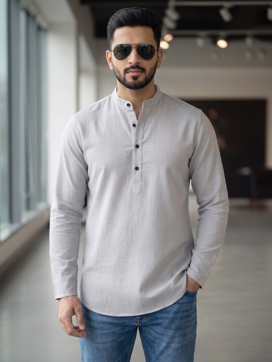 RAY LIGHT Men's Essential Solid Cotton Short Kurta – Light Grey with Cuffless Sleeves