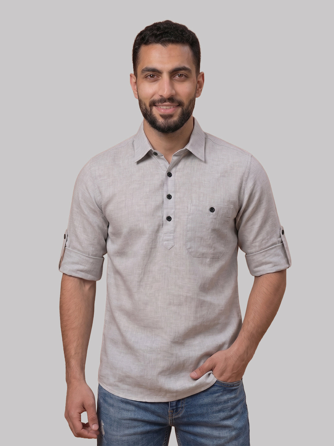 RAY LIGHT Men's Essential Solid Cotton Short Kurta – Magenta with Roll-Up Sleeves