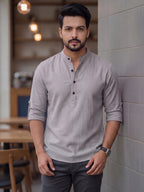 RAY LIGHT Men's Core Essential 100% Cotton Solid Short Kurta – Mandarin Collar with Roll-Up Sleeves
