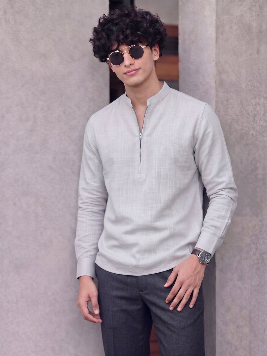 RAY LIGHT Men's Modern Zip-Neck Solid Cotton Short Kurta – Light Pink
