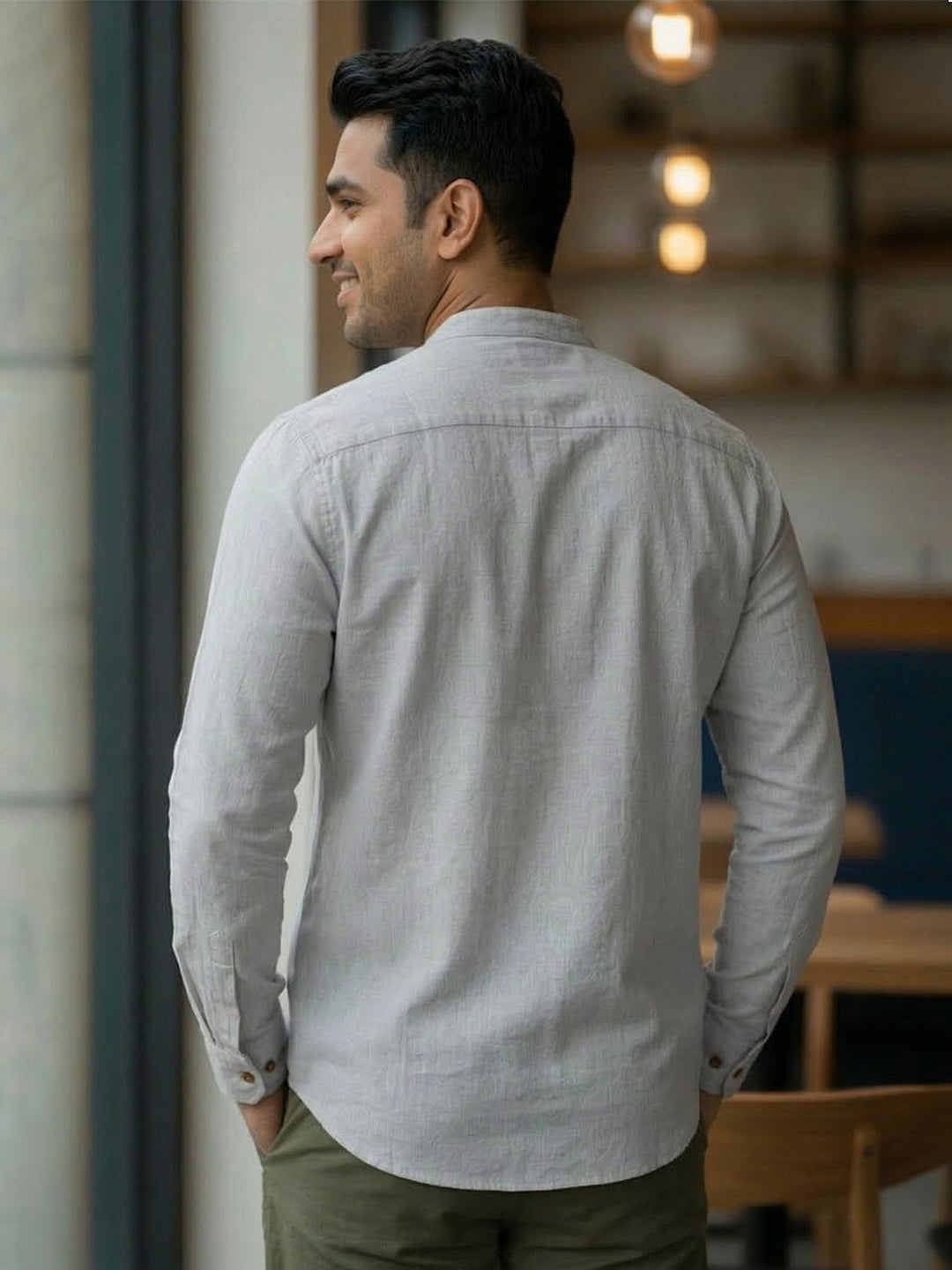 RAY LIGHT Men's Grey 100% Cotton Solid Short Kurta – Mandarin Collar with Versatile Roll-Up Sleeves