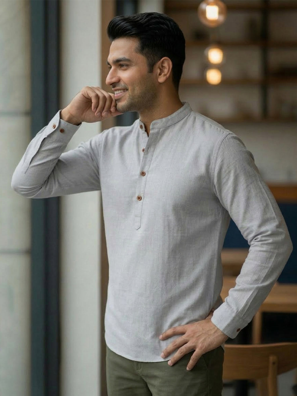 RAY LIGHT Men's Grey 100% Cotton Solid Short Kurta – Mandarin Collar with Versatile Roll-Up Sleeves