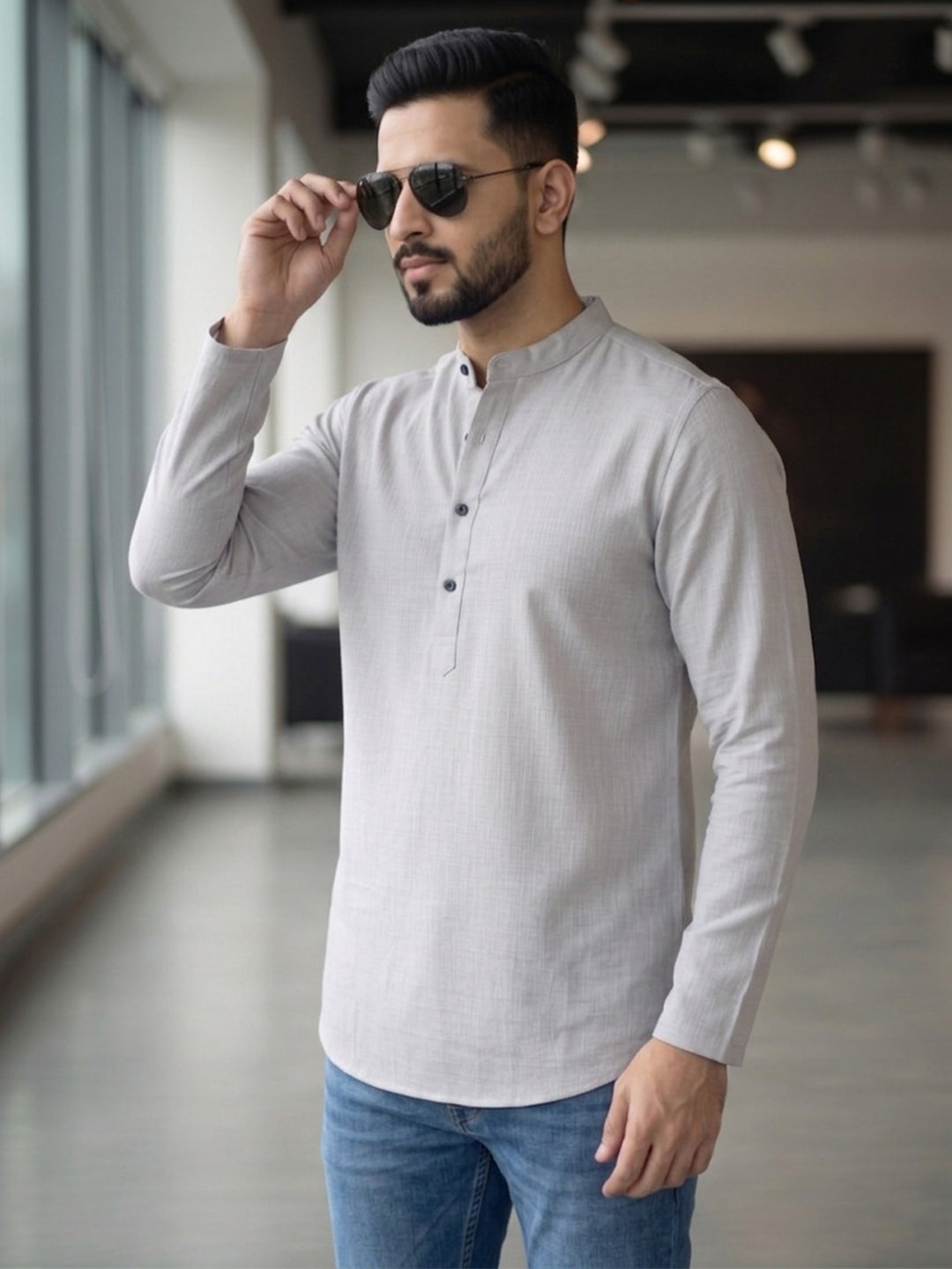 RAY LIGHT Men's Essential Solid Cotton Short Kurta – Light Grey with Cuffless Sleeves