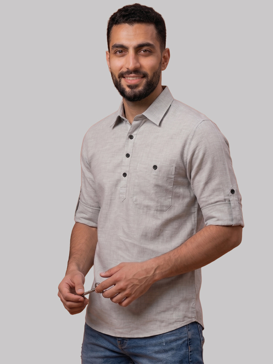 RAY LIGHT Men's Essential Solid Cotton Short Kurta – Magenta with Roll-Up Sleeves