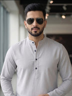 RAY LIGHT Men's Essential Solid Cotton Short Kurta – Light Grey with Cuffless Sleeves