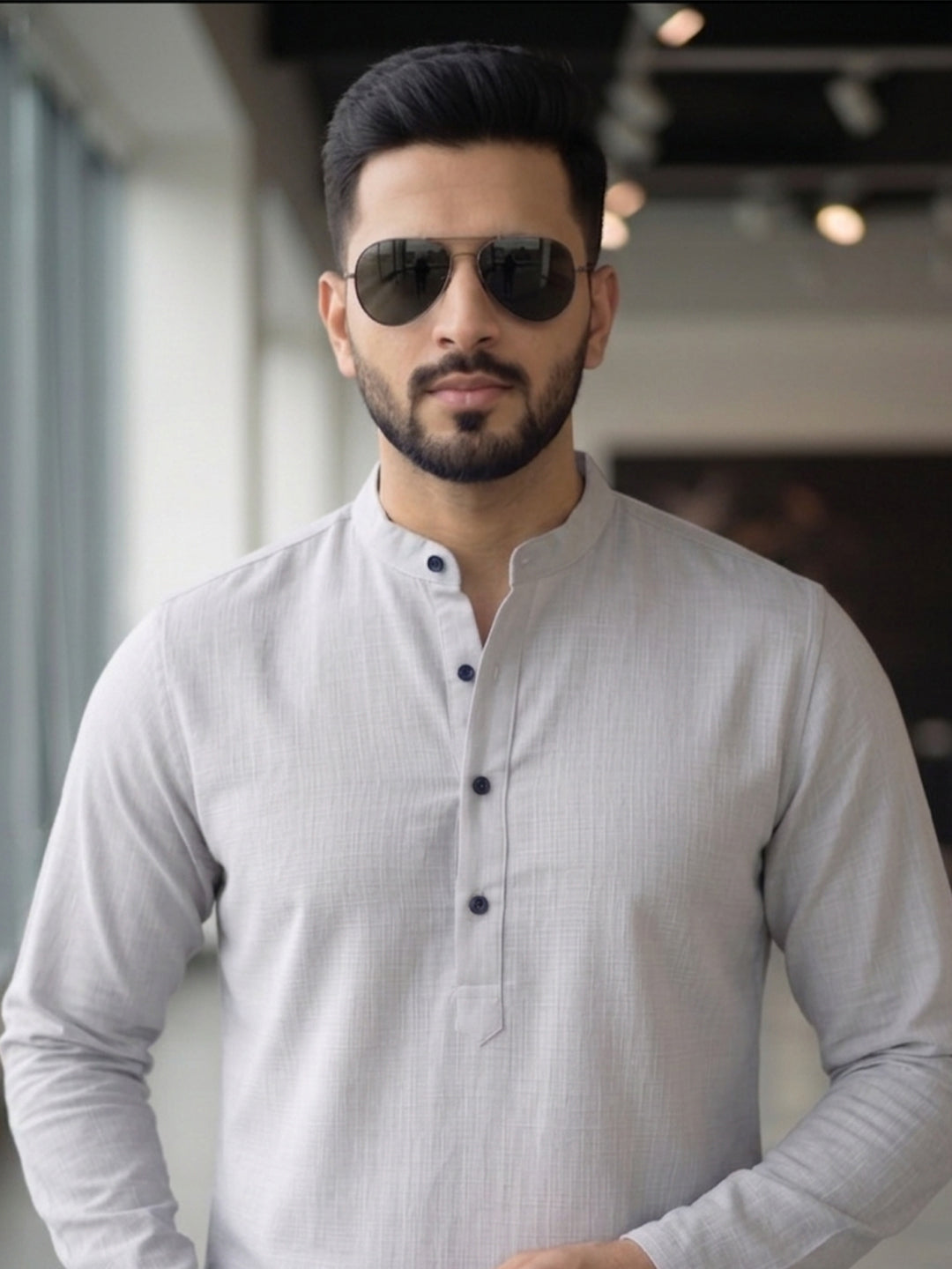 RAY LIGHT Men's Essential Solid Cotton Short Kurta – Light Grey with Cuffless Sleeves