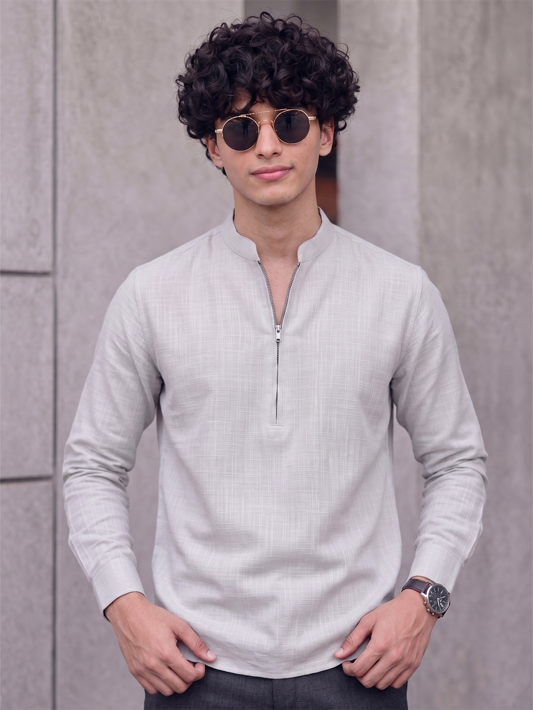 RAY LIGHT Men's Modern Zip-Neck Solid Cotton Short Kurta – Light Pink