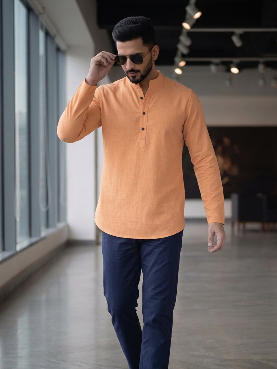 RAY LIGHT Men's Essential Solid Cotton Short Kurta – Soft Peach Orange with Cuffless Sleeves Main image