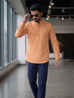 RAY LIGHT Men's Essential Solid Cotton Short Kurta – Soft Peach Orange with Cuffless Sleeves