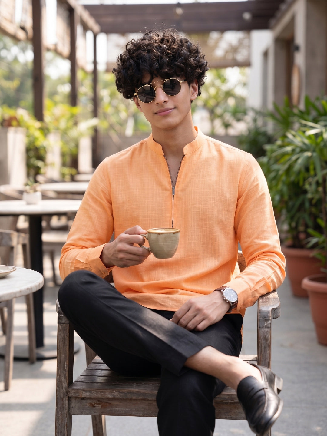 RAY LIGHT Men's Modern Zip-Neck Solid Cotton Short Kurta – Light Pink