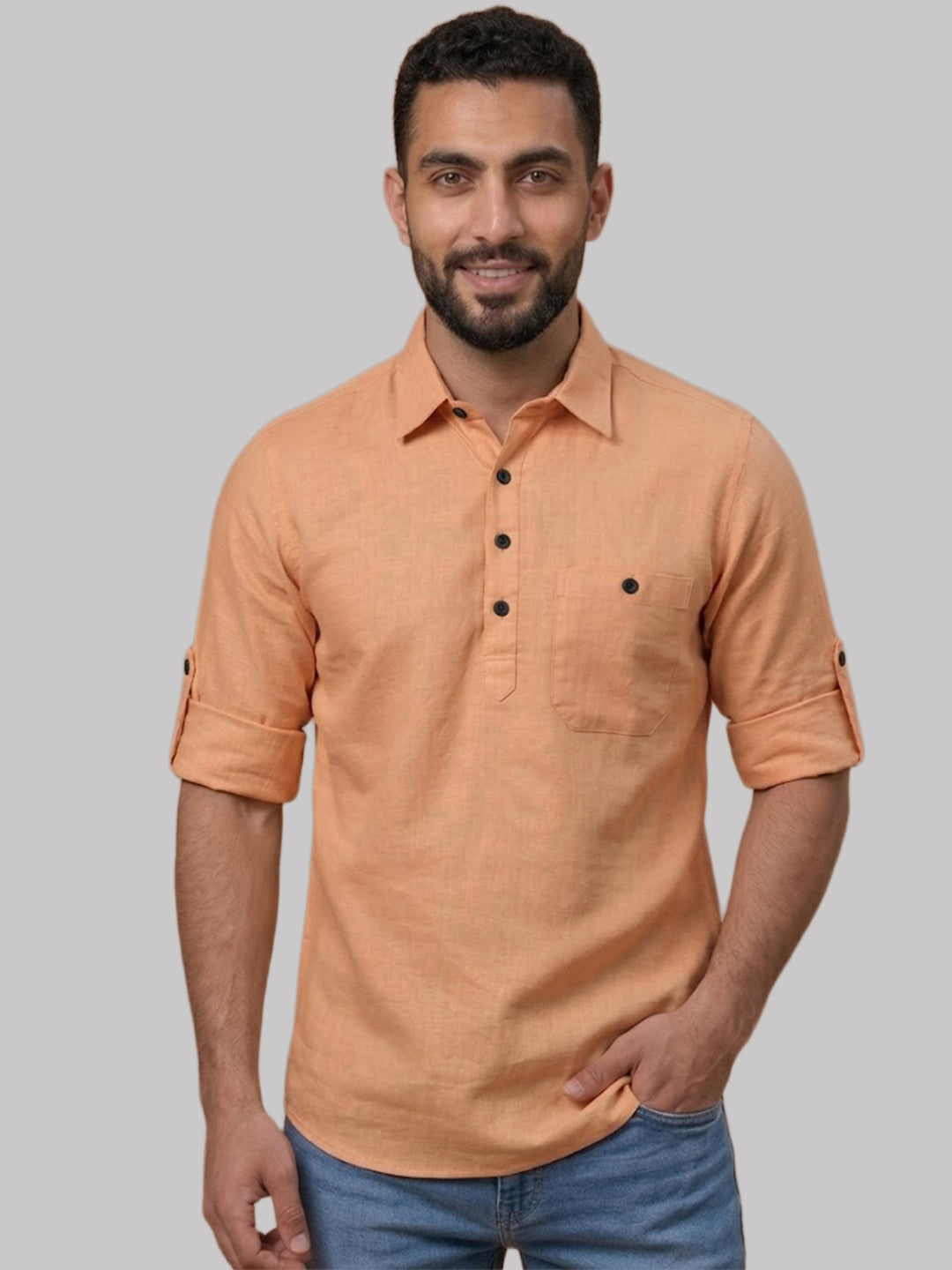 RAY LIGHT Men's Essential Solid Cotton Short Kurta – Mint Green with Roll-Up Sleeves