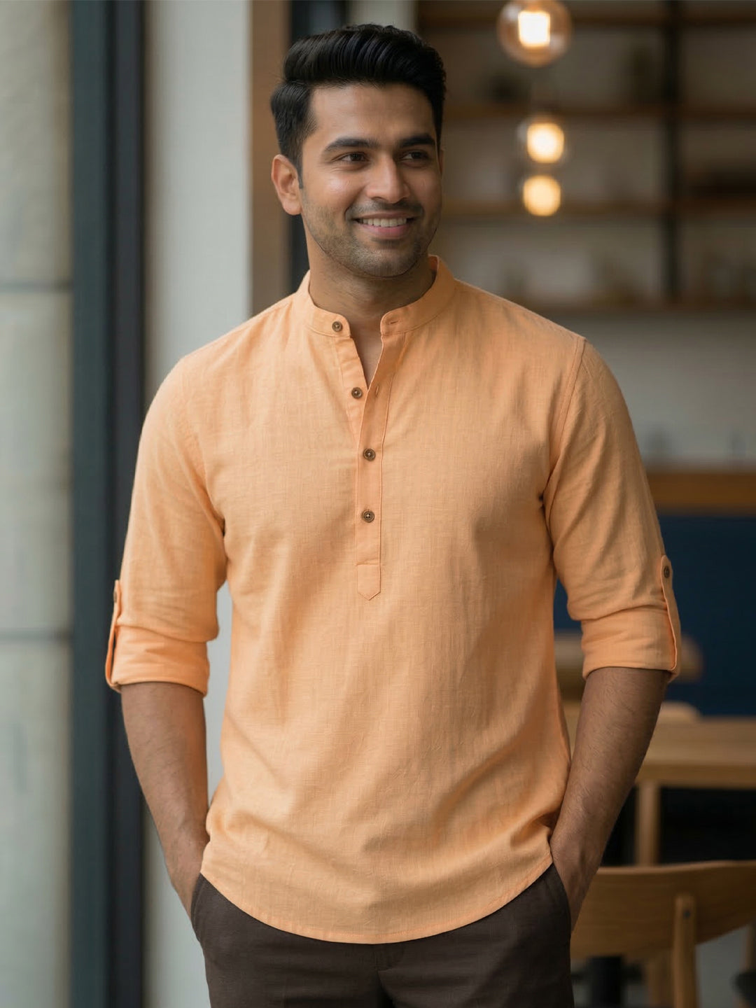 RAY LIGHT Men's Light Orange 100% Cotton Solid Short Kurta – Mandarin Collar with Versatile Roll-Up Sleeves