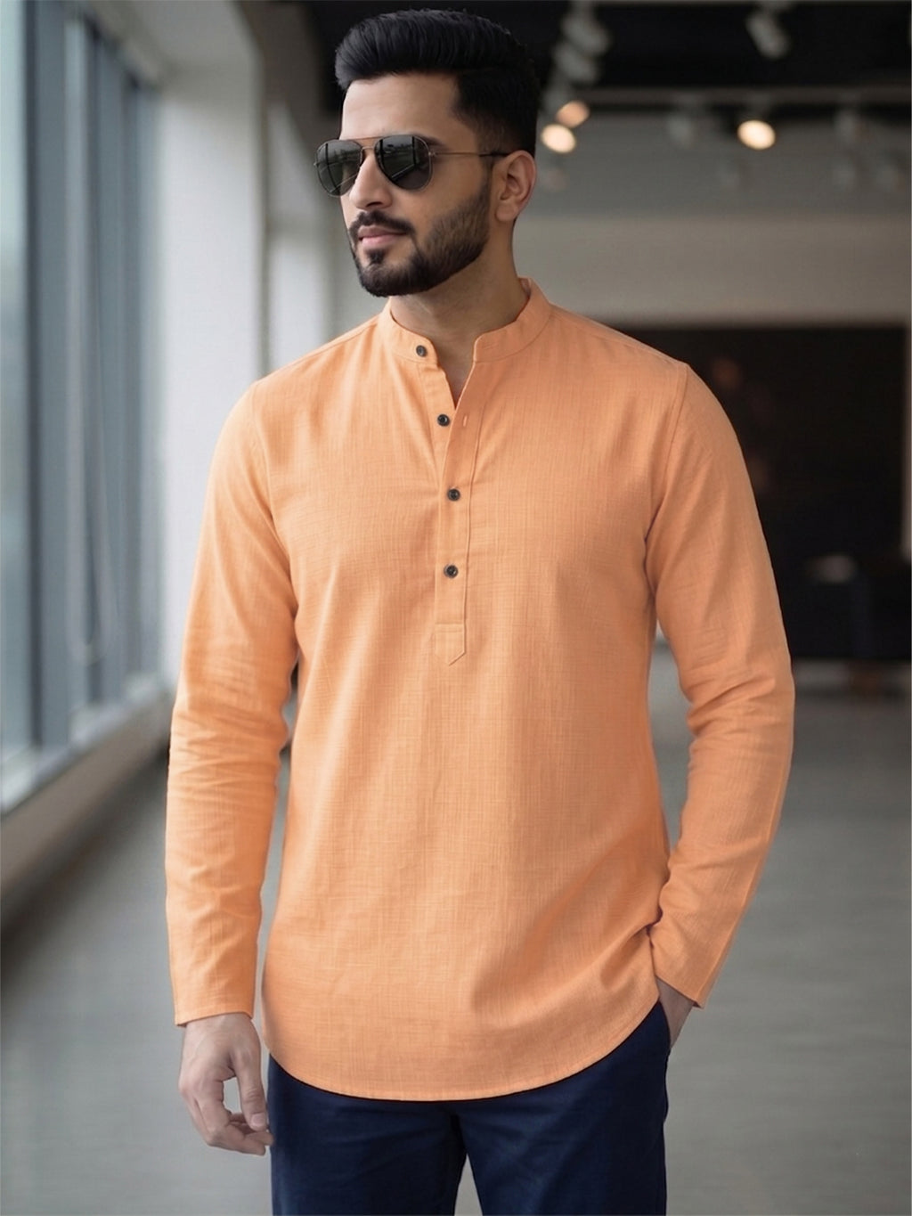 RAY LIGHT Men's Essential Solid Cotton Short Kurta – Soft Peach Orange with Cuffless Sleeves