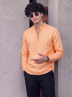 RAY LIGHT Men's Modern Zip-Neck Solid Cotton Short Kurta – Light Pink