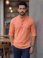 RAY LIGHT Men's Urban Fusion 100% Cotton Solid Short Kurta – Mandarin Collar with Roll-Up Sleeves