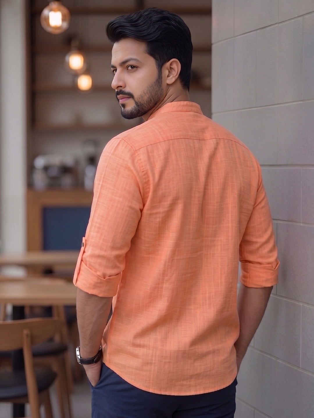 RAY LIGHT Men's Urban Fusion 100% Cotton Solid Short Kurta – Mandarin Collar with Roll-Up Sleeves
