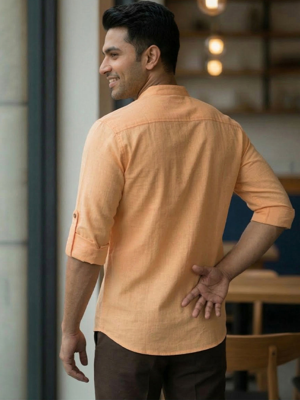 RAY LIGHT Men's Light Orange 100% Cotton Solid Short Kurta – Mandarin Collar with Versatile Roll-Up Sleeves