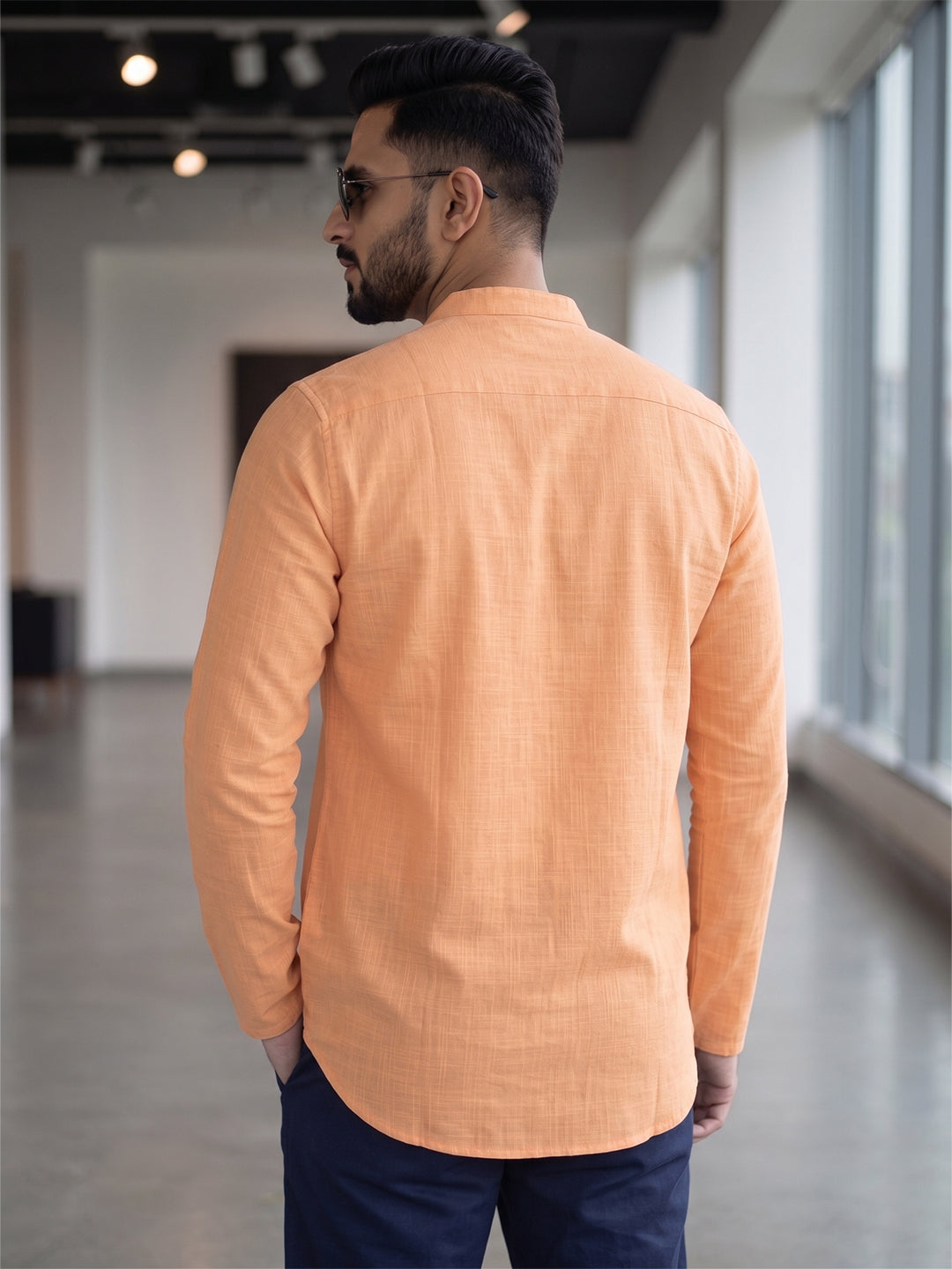 RAY LIGHT Men's Essential Solid Cotton Short Kurta – Soft Peach Orange with Cuffless Sleeves