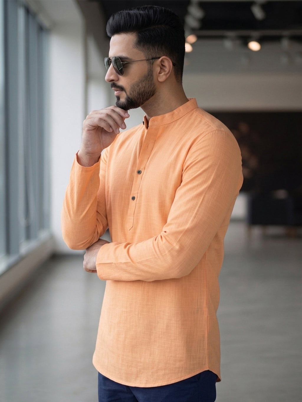RAY LIGHT Men's Essential Solid Cotton Short Kurta – Soft Peach Orange with Cuffless Sleeves