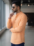 RAY LIGHT Men's Essential Solid Cotton Short Kurta – Soft Peach Orange with Cuffless Sleeves