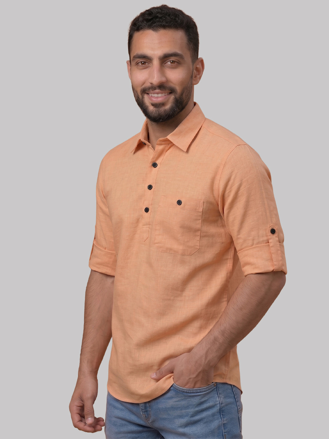 RAY LIGHT Men's Essential Solid Cotton Short Kurta – Mint Green with Roll-Up Sleeves