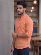 RAY LIGHT Men's Urban Fusion 100% Cotton Solid Short Kurta – Mandarin Collar with Roll-Up Sleeves