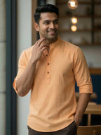 RAY LIGHT Men's Light Orange 100% Cotton Solid Short Kurta – Mandarin Collar with Versatile Roll-Up Sleeves