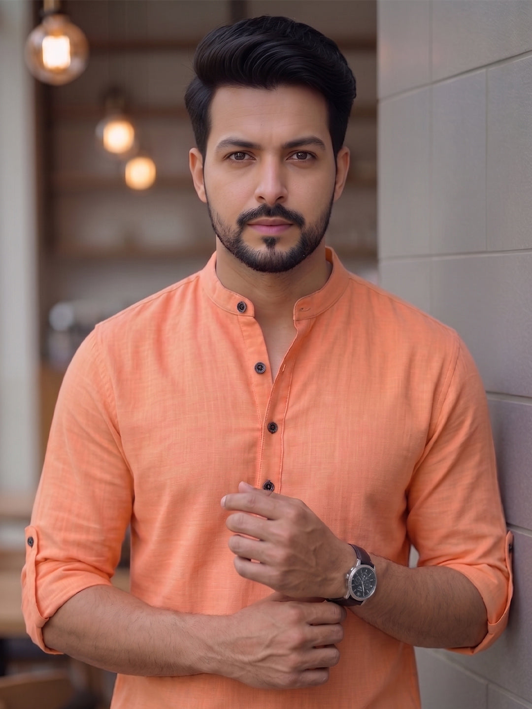 RAY LIGHT Men's Urban Fusion 100% Cotton Solid Short Kurta – Mandarin Collar with Roll-Up Sleeves