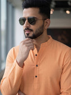 RAY LIGHT Men's Essential Solid Cotton Short Kurta – Soft Peach Orange with Cuffless Sleeves