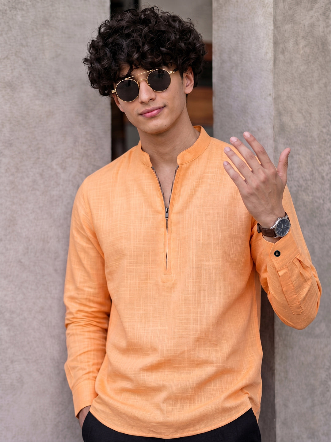 RAY LIGHT Men's Modern Zip-Neck Solid Cotton Short Kurta – Light Pink