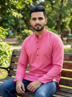 RAY LIGHT Men's Essential Solid Cotton Short Kurta – Light Grey with Cuffless Sleeves