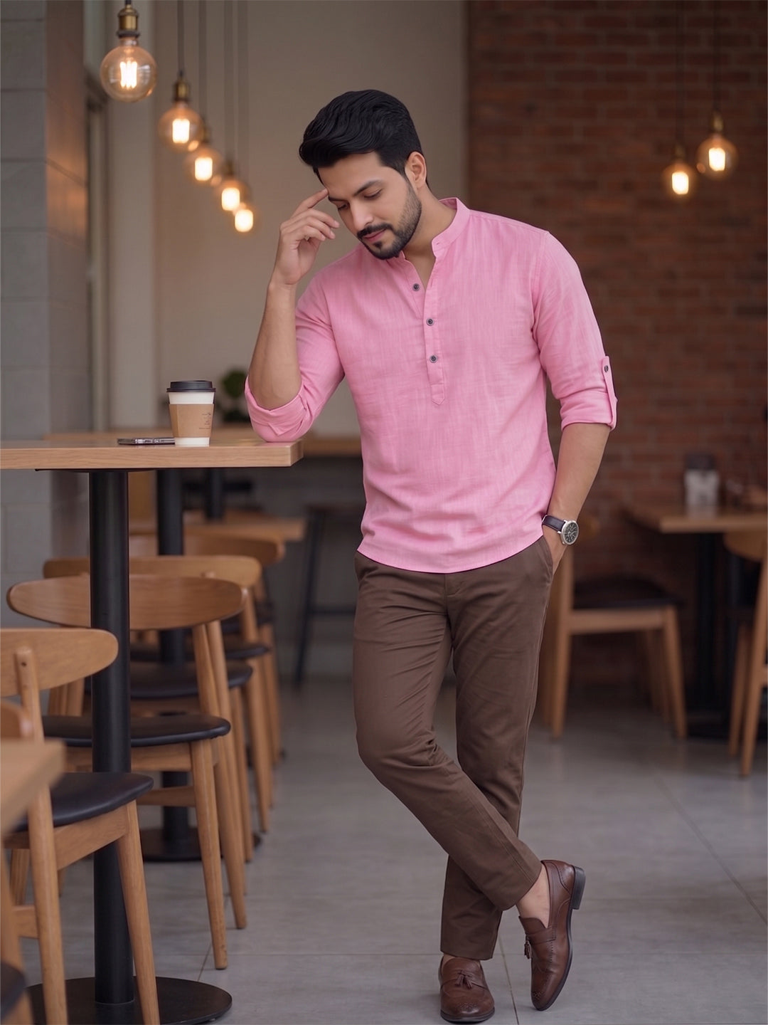RAY LIGHT Men's Core Essential 100% Cotton Solid Short Kurta – Mandarin Collar with Roll-Up Sleeves
