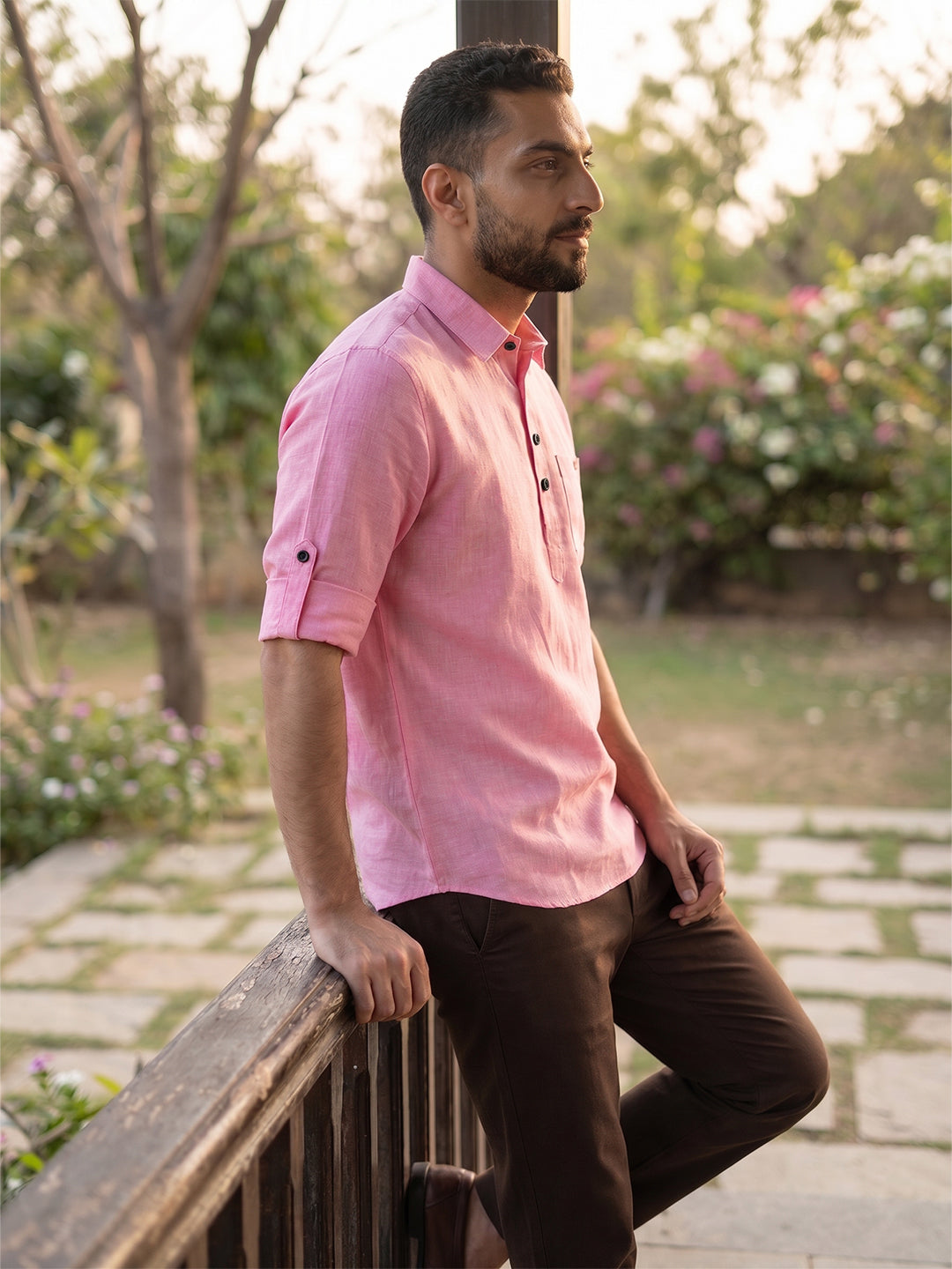 RAY LIGHT Men's Essential Solid Cotton Short Kurta – Magenta with Roll-Up Sleeves