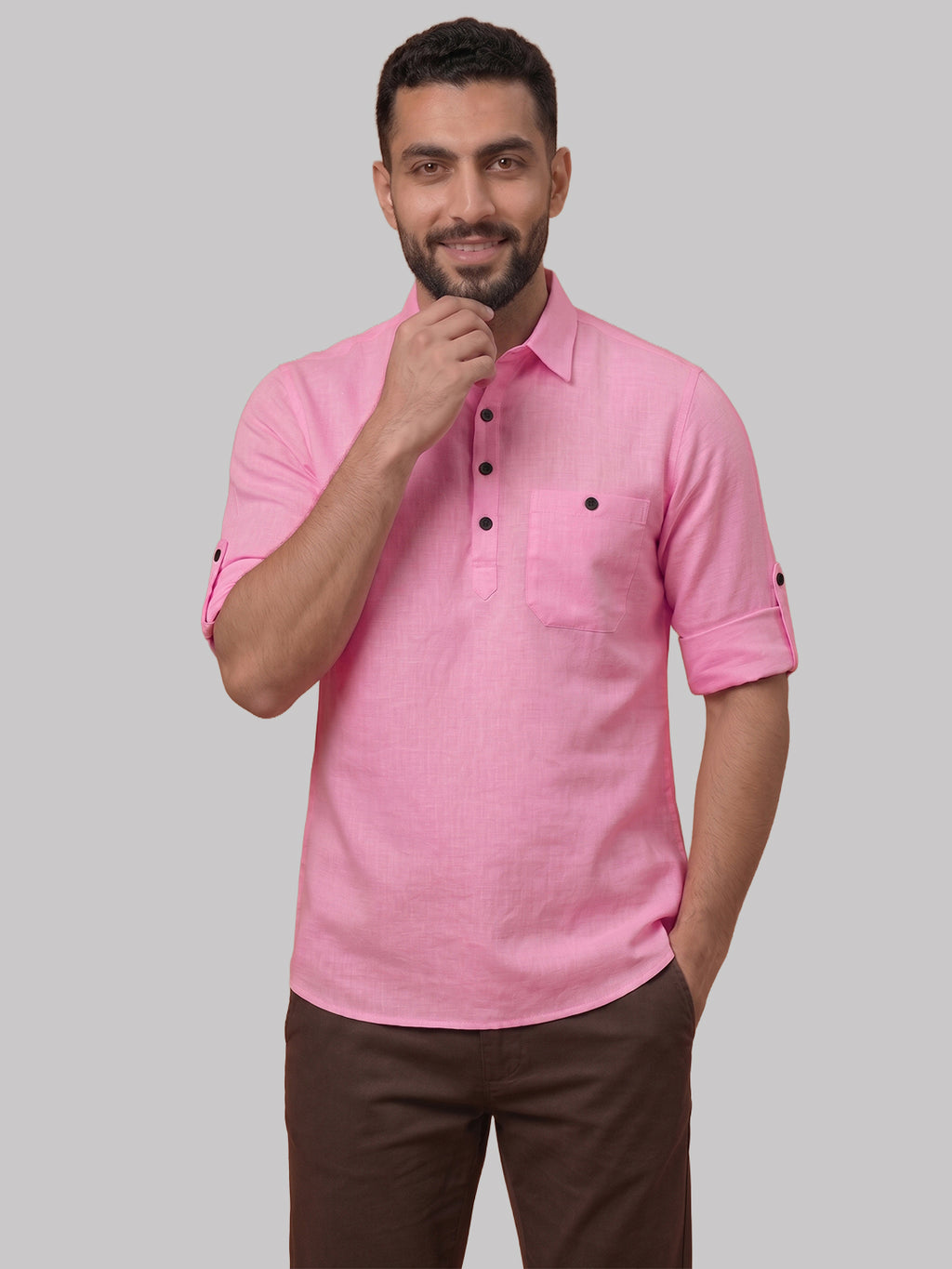 RAY LIGHT Men's Essential Solid Cotton Short Kurta – Magenta with Roll-Up Sleeves