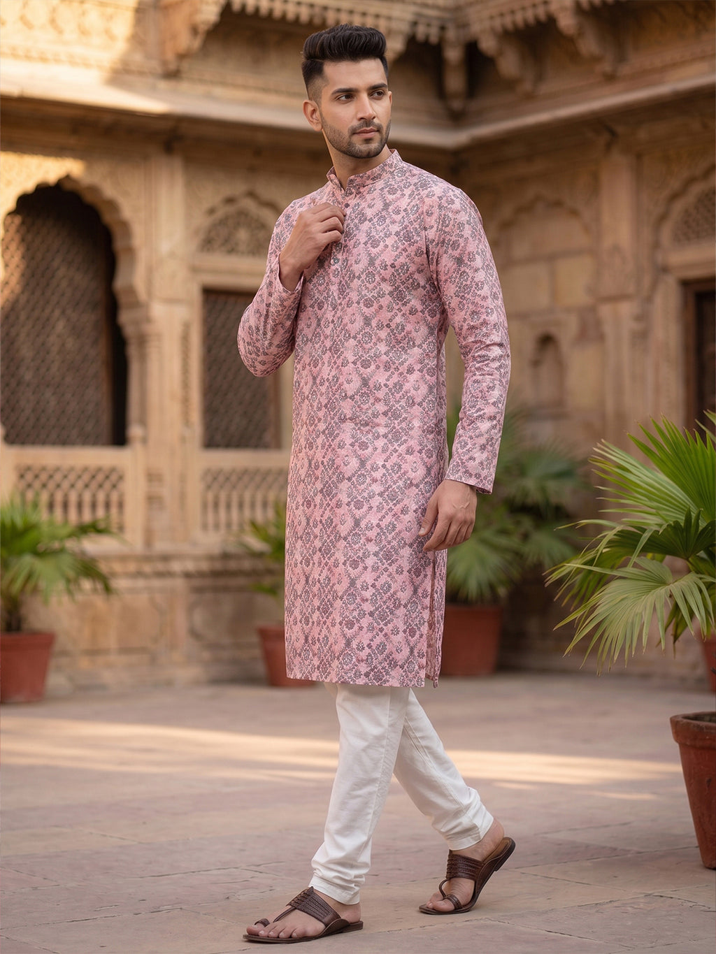 RAY LIGHT Men's Premium Crochet Fabric Geometric Long Kurta – Aqua Mint