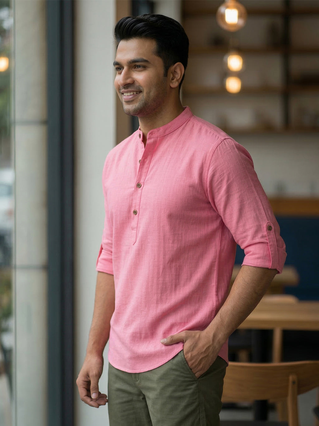 RAY LIGHT Men's Grey 100% Cotton Solid Short Kurta – Mandarin Collar with Versatile Roll-Up Sleeves