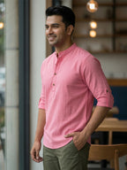 RAY LIGHT Men's Grey 100% Cotton Solid Short Kurta – Mandarin Collar with Versatile Roll-Up Sleeves